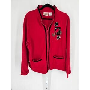 Decorated Originals Red Cardinal and Pinecone Embroidered Full Zip Sweater Sz XL